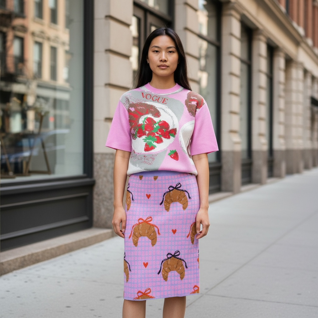 Knitted Co-ords Strawberry Tee & Croissant Midi Skirt Set