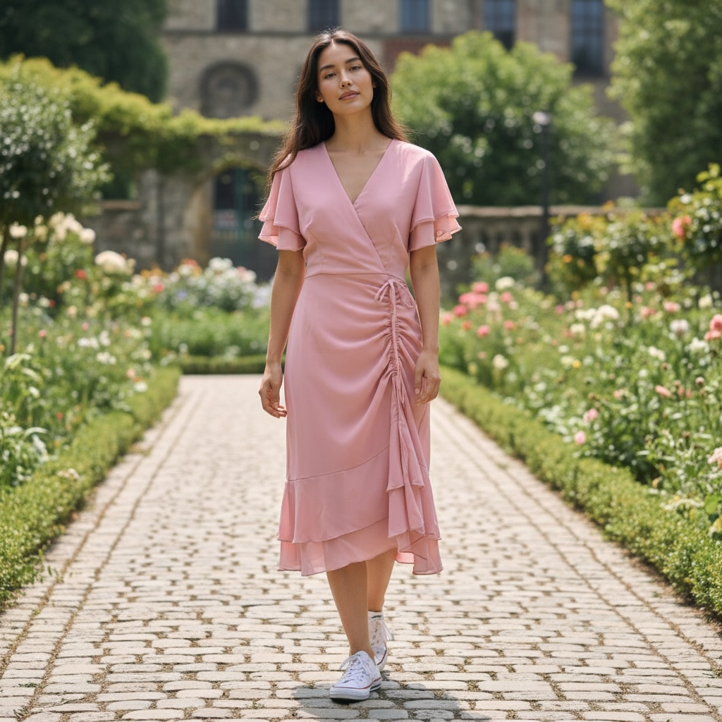 Pink Wrap Ruffle Sleeve Ruched Midi Dress