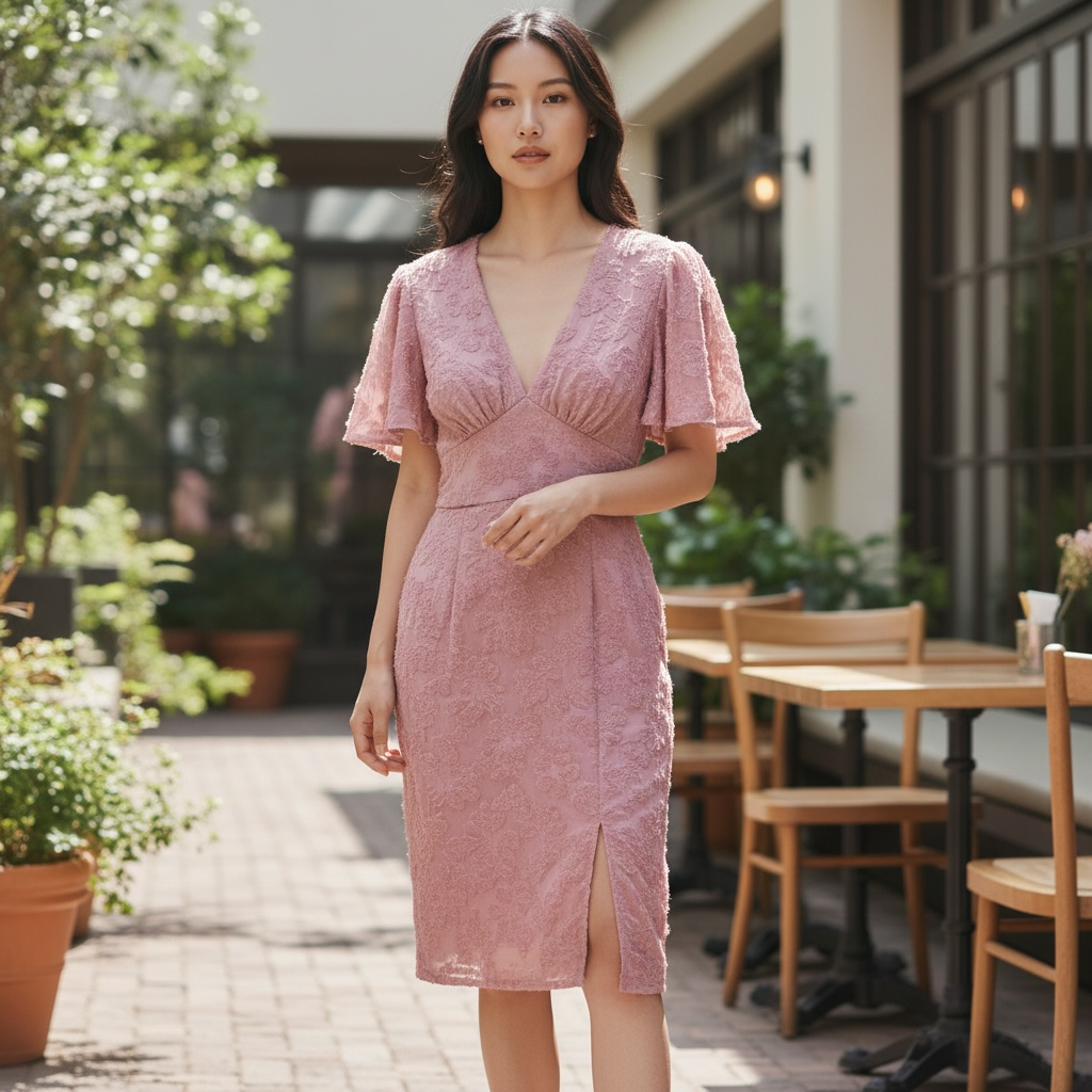 Elegant Blush Pink Lace Midi Dress with Flutter Sleeves – Chic Summer Outfit
