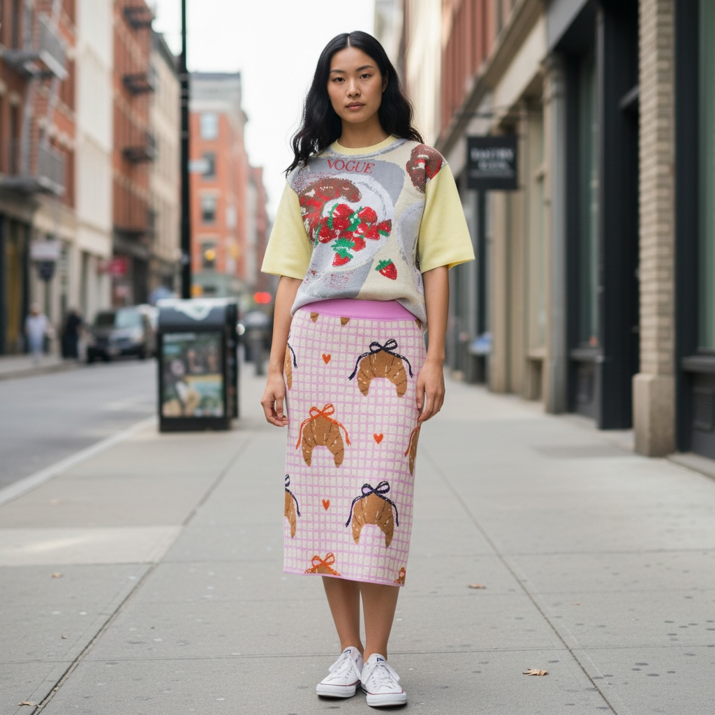 Knitted Co-ords Strawberry Tee & Croissant Midi Skirt Set