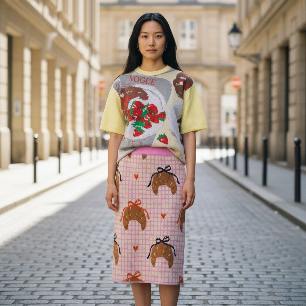 Knitted Co-ords Strawberry Tee & Croissant Midi Skirt Set