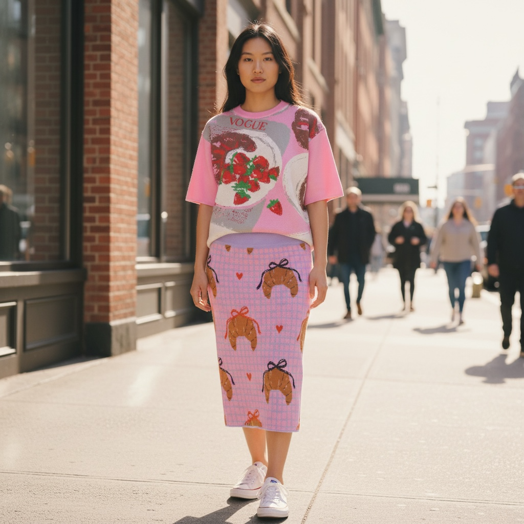 Knitted Co-ords Strawberry Tee & Croissant Midi Skirt Set