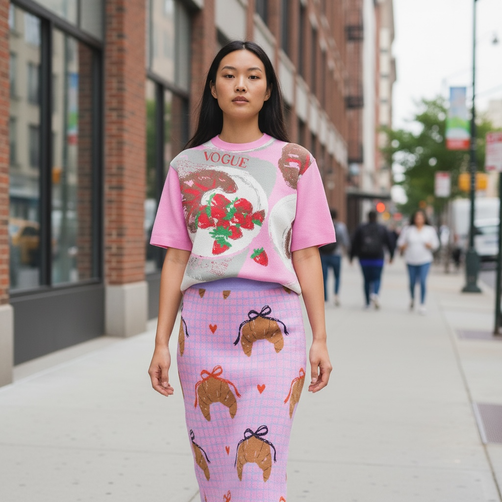 Knitted Co-ords Strawberry Tee & Croissant Midi Skirt Set