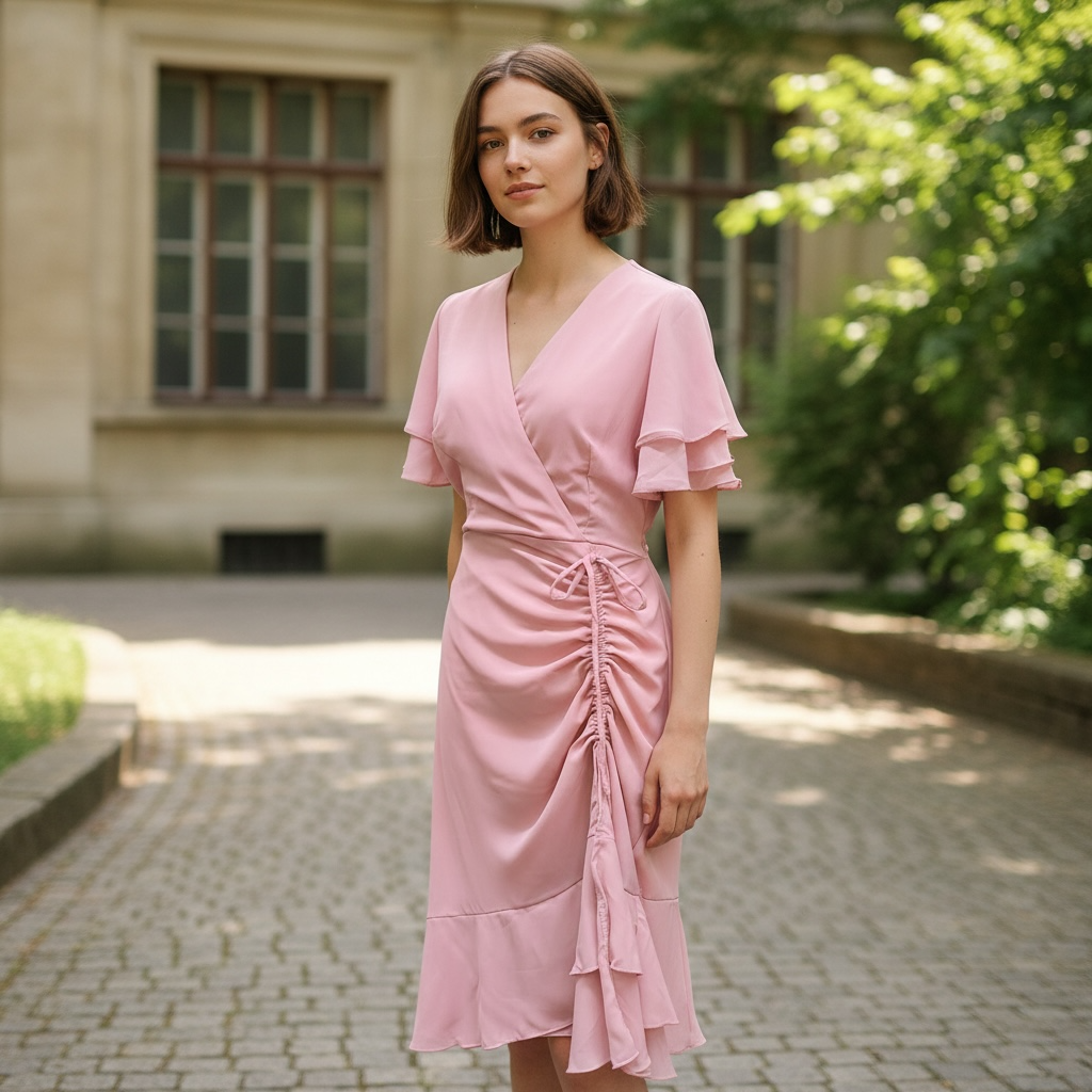 Pink Wrap Ruffle Sleeve Ruched Midi Dress