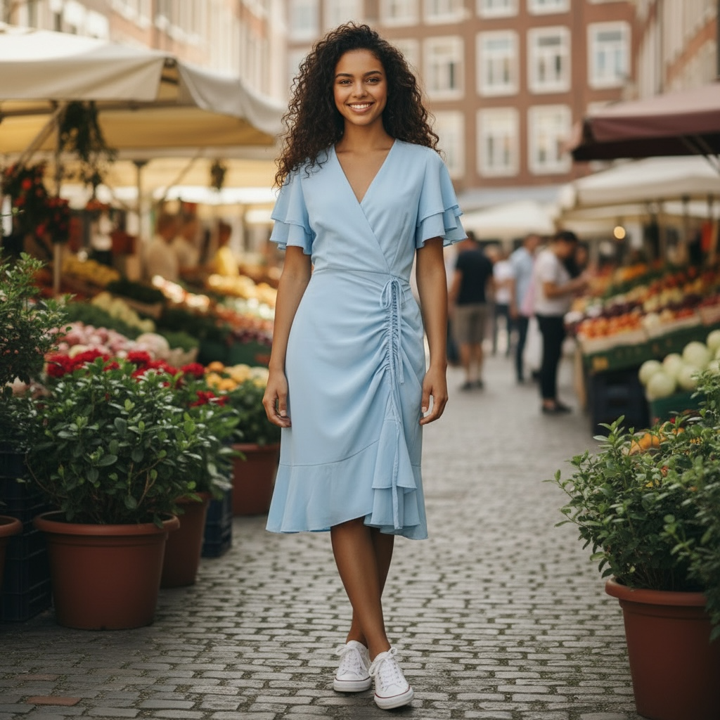 Light Blue Wrap Midi Dress with Ruffle Sleeves – Casual Summer Dress for Women