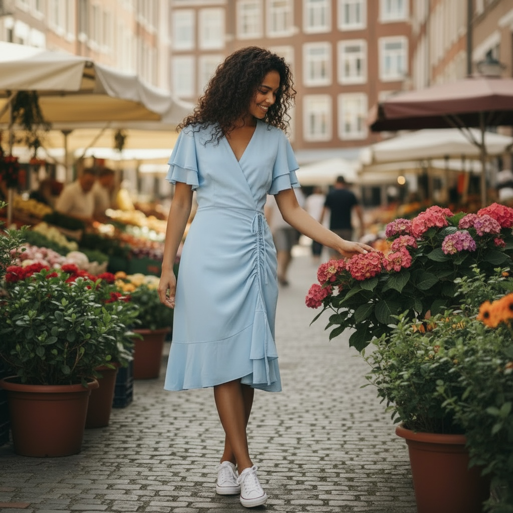 Light Blue Wrap Midi Dress with Ruffle Sleeves – Casual Summer Dress for Women