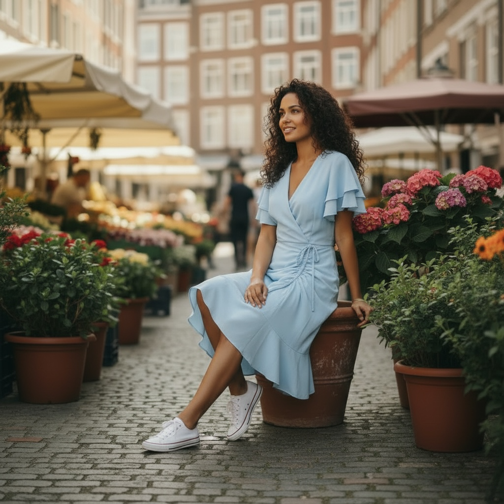 Light Blue Wrap Midi Dress with Ruffle Sleeves – Casual Summer Dress for Women