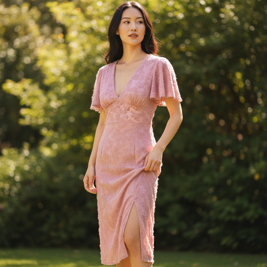 Elegant Blush Pink Lace Midi Dress with Flutter Sleeves – Chic Summer Outfit