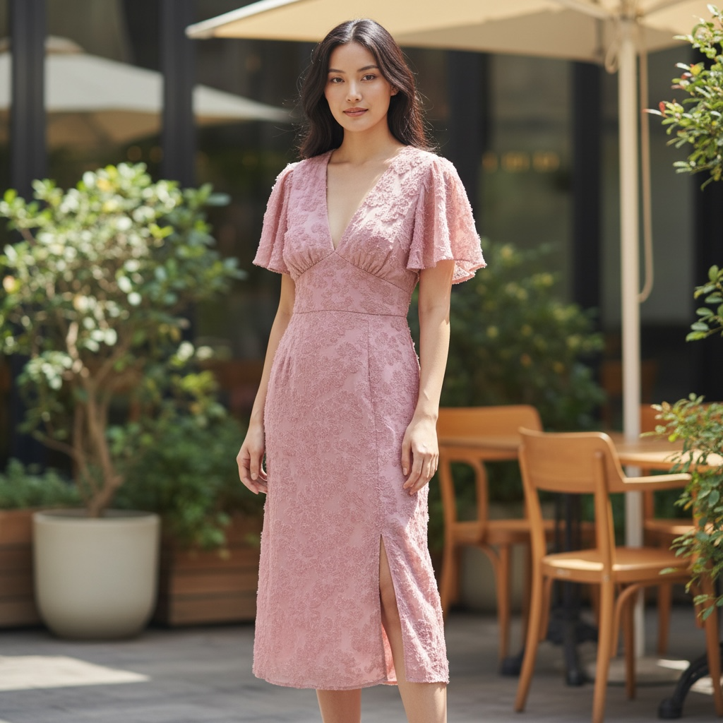 Elegant Blush Pink Lace Midi Dress with Flutter Sleeves – Chic Summer Outfit
