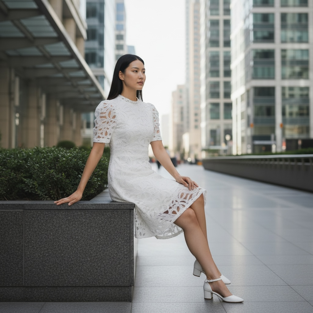 Elegant Lace Midi Dress for Women – Short Sleeve A-Line Dress