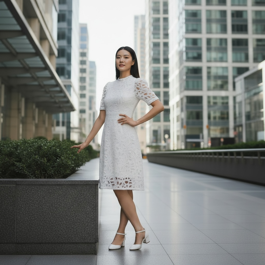 Elegant Lace Midi Dress for Women – Short Sleeve A-Line Dress