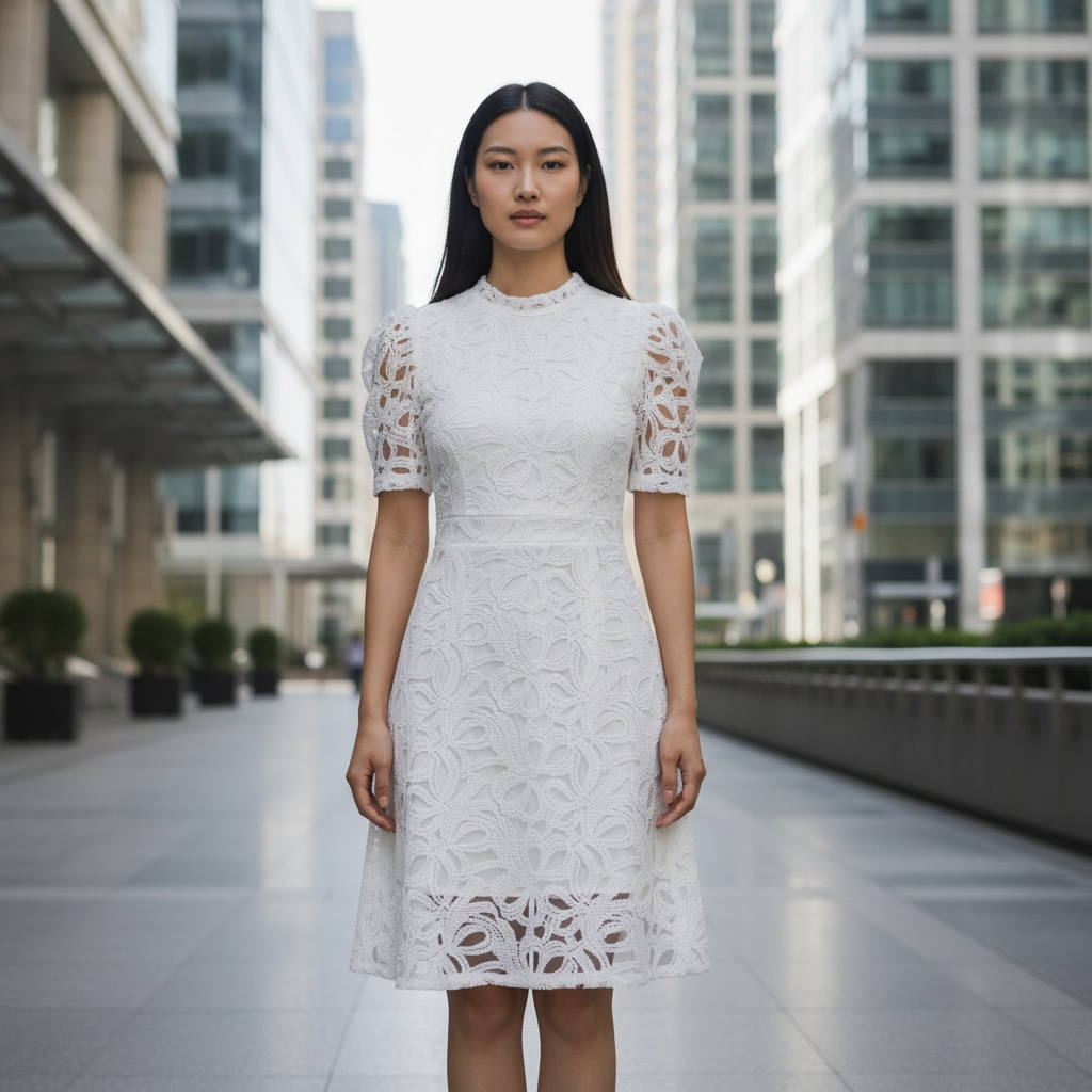 Elegant Lace Midi Dress for Women – Short Sleeve A-Line Dress