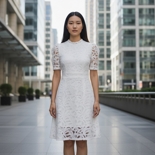 Elegant Lace Midi Dress for Women – Short Sleeve A-Line Dress