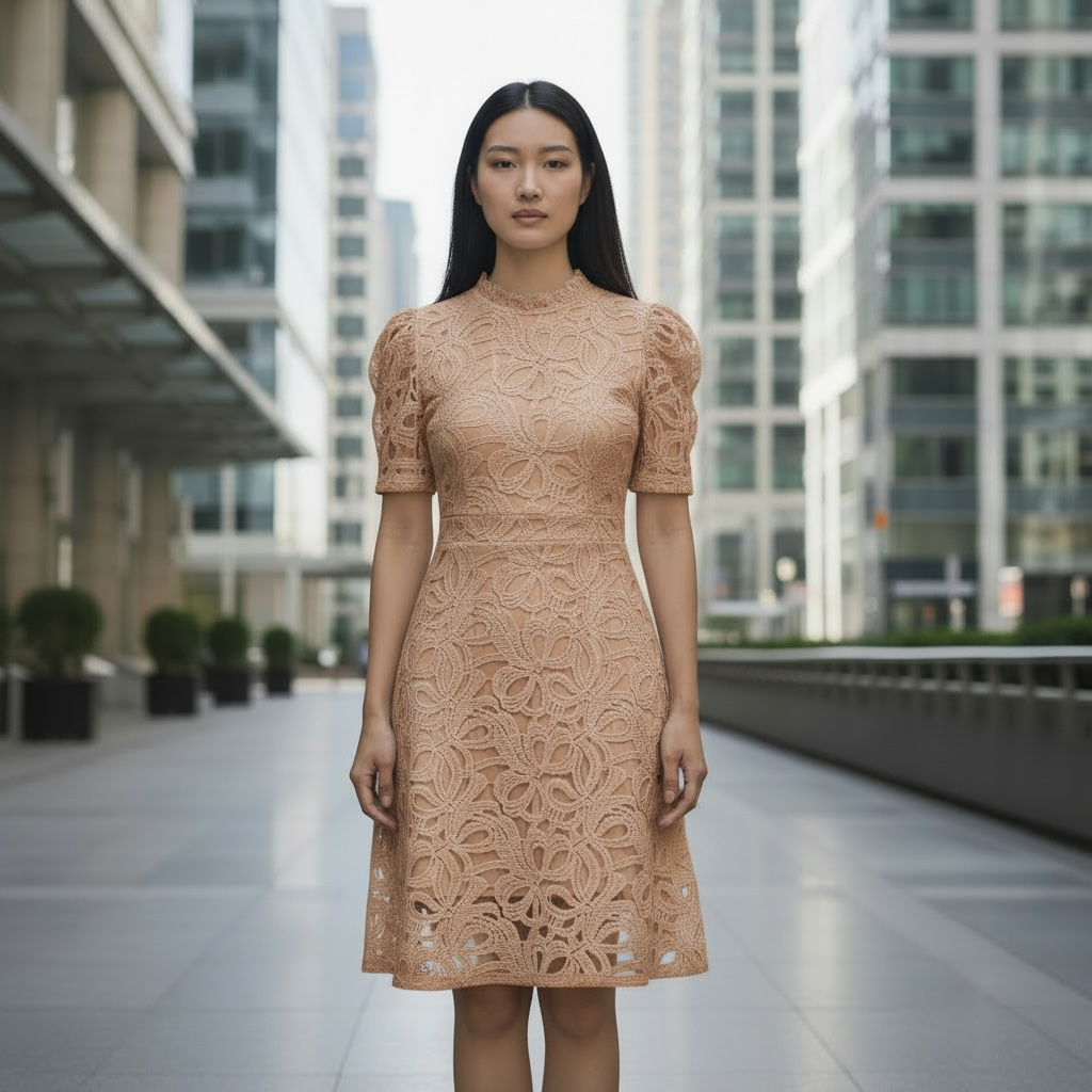 Elegant Lace Midi Dress for Women – Short Sleeve A-Line Dress