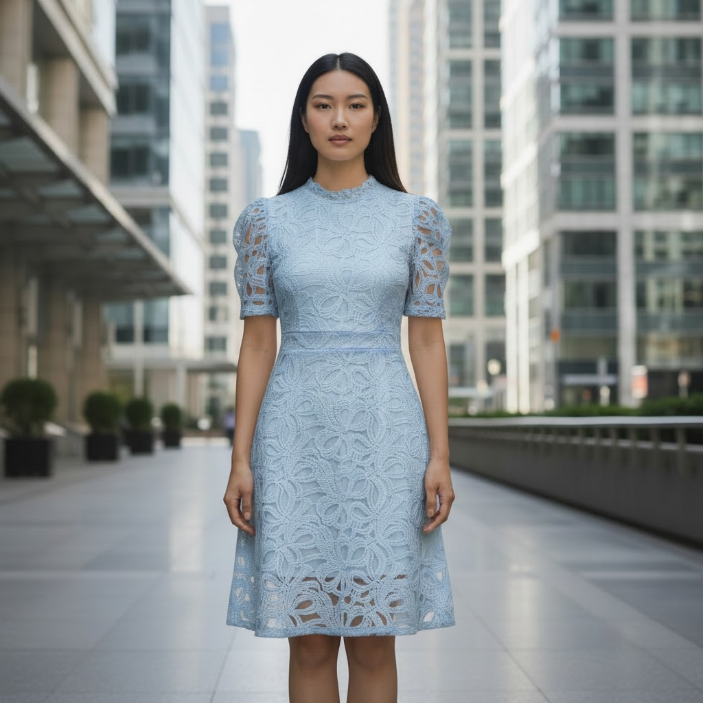 Elegant Lace Midi Dress for Women – Short Sleeve A-Line Dress