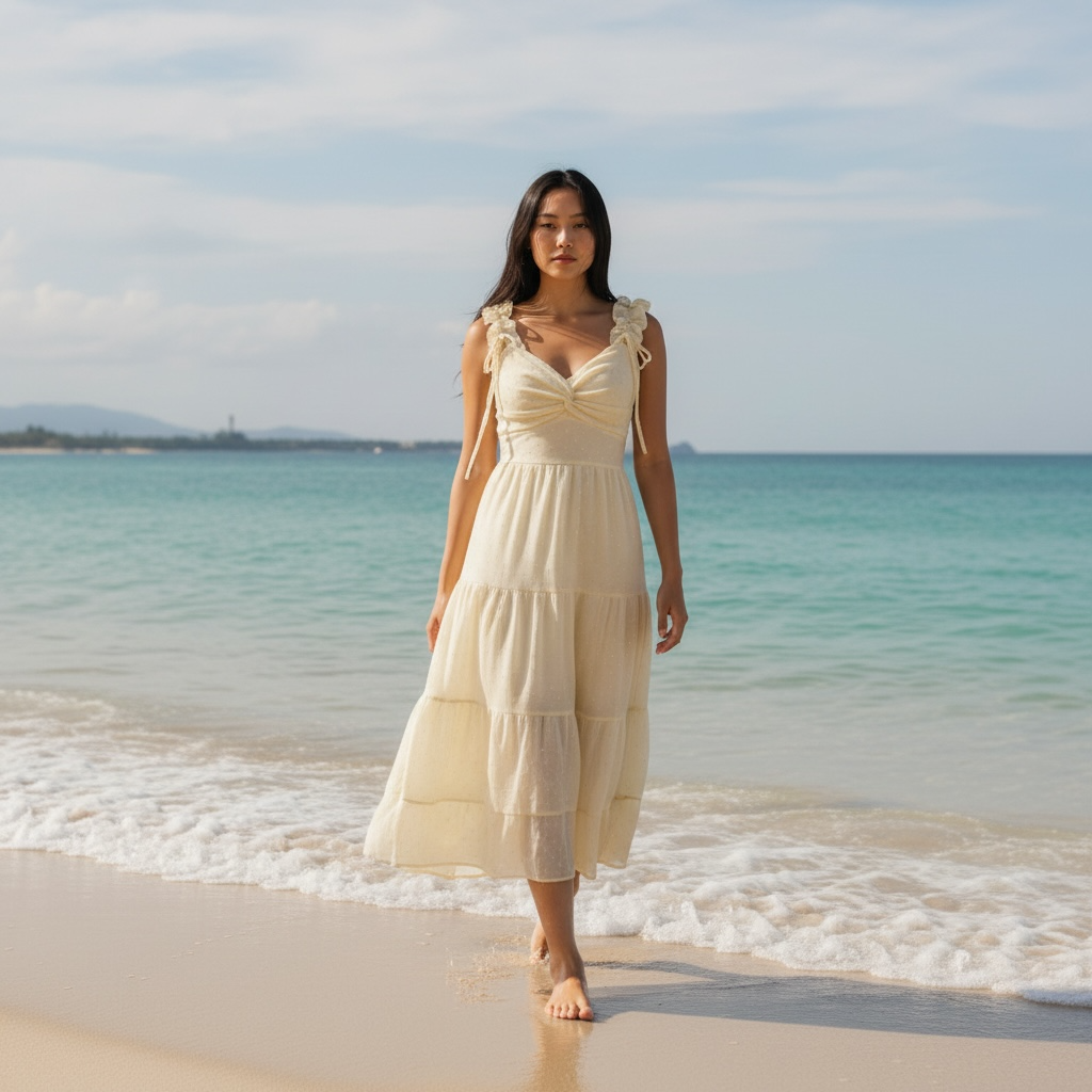 Flowy Beach Maxi Dress with Ruffle Straps, Tiered Skirt & Sparkling Gem Details