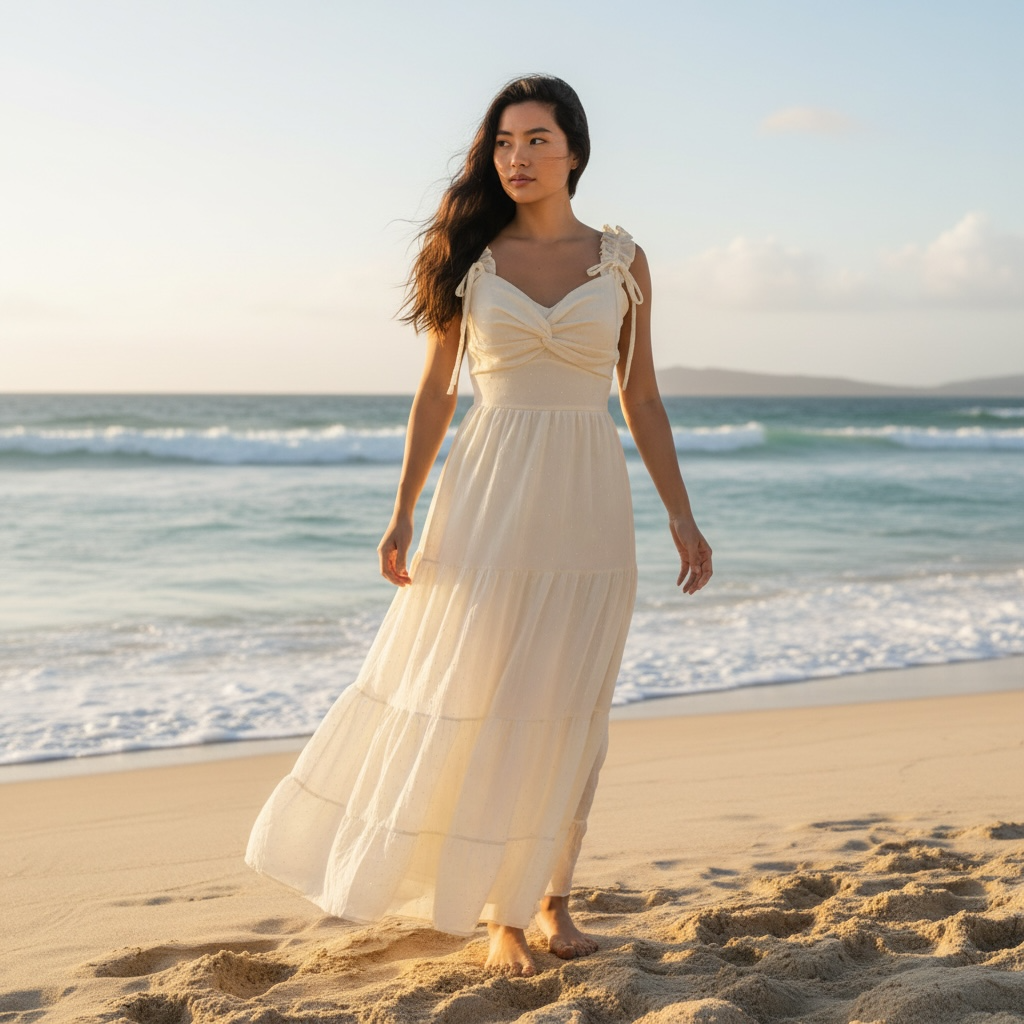 Flowy Beach Maxi Dress with Ruffle Straps, Tiered Skirt & Sparkling Gem Details