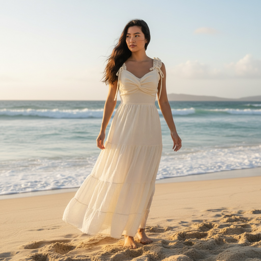 Flowy Beach Maxi Dress with Ruffle Straps, Tiered Skirt & Sparkling Gem Details