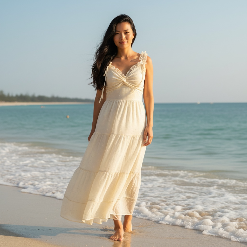 Flowy Beach Maxi Dress with Ruffle Straps, Tiered Skirt & Sparkling Gem Details