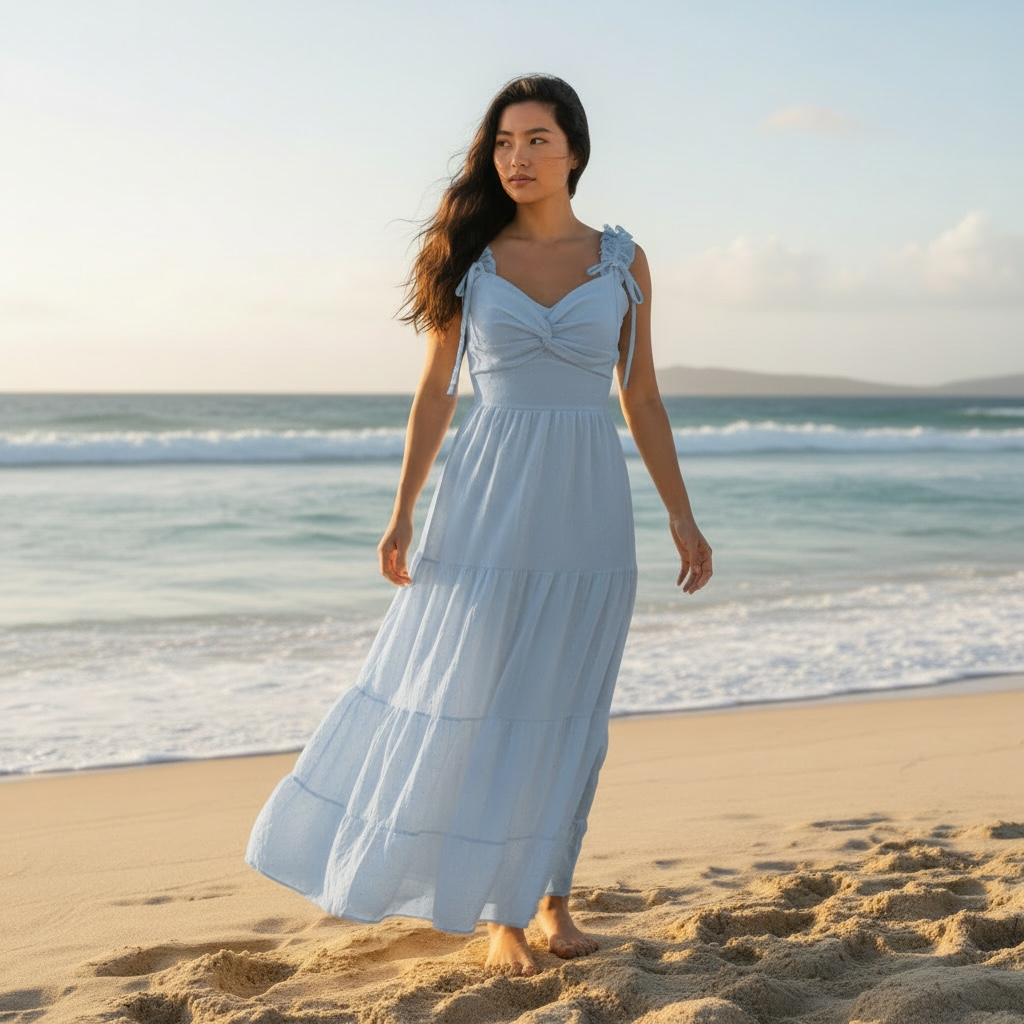 Flowy Beach Maxi Dress with Ruffle Straps, Tiered Skirt & Sparkling Gem Details
