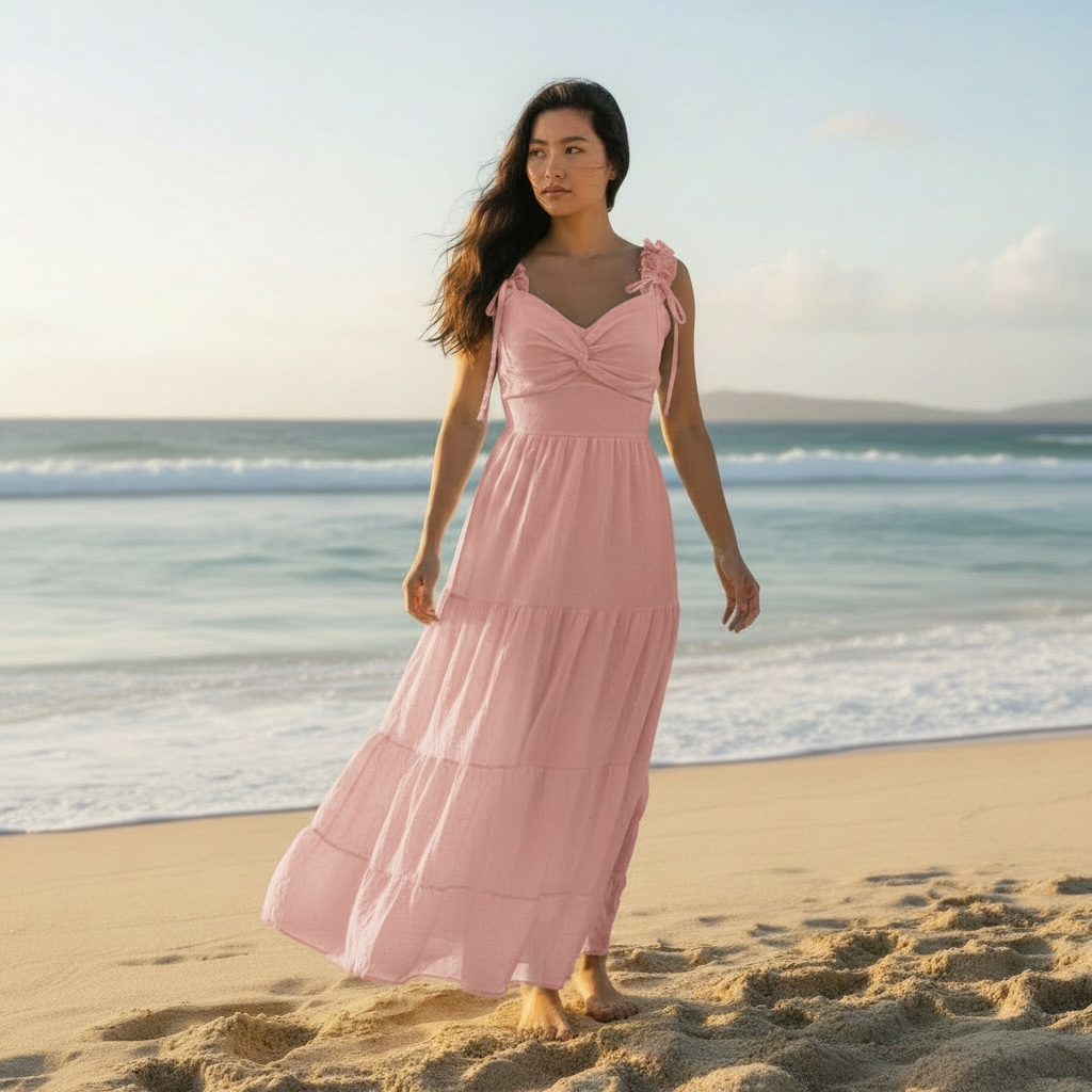 Flowy Beach Maxi Dress with Ruffle Straps, Tiered Skirt & Sparkling Gem Details