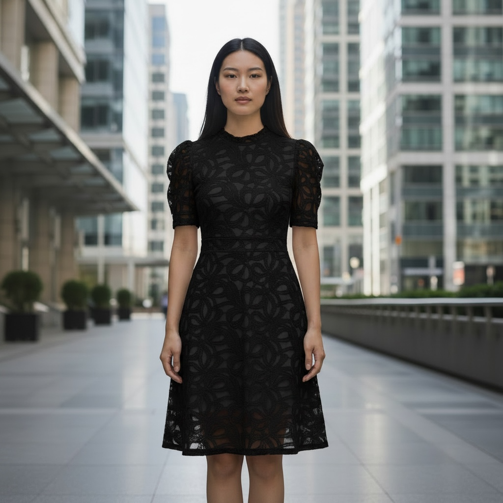 Elegant Lace Midi Dress for Women – Short Sleeve A-Line Dress